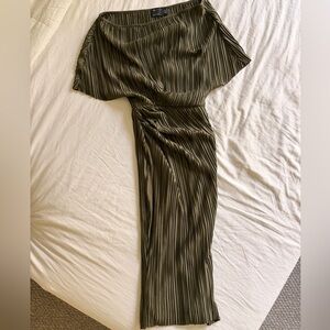 Deep olive green- Off-Shoulder pleated Dress with small slit in back